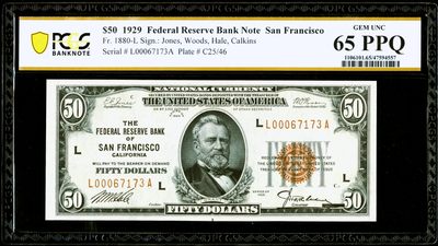 【Blue Auction】✨世界纸币精拍第392期【精】 - 【旧金山版少见】美国 1929年50美金 L版 国民券 高值非常少见 PCGS65EPQ 绝品 角尖 油墨鲜亮 凹凸感好状态佳 老美金P壳品质也不错不一定比PMG差的 远比常见纽约、克利夫兰、芝加哥版少见 南北战争时期美国陆军总司令——格兰特将军