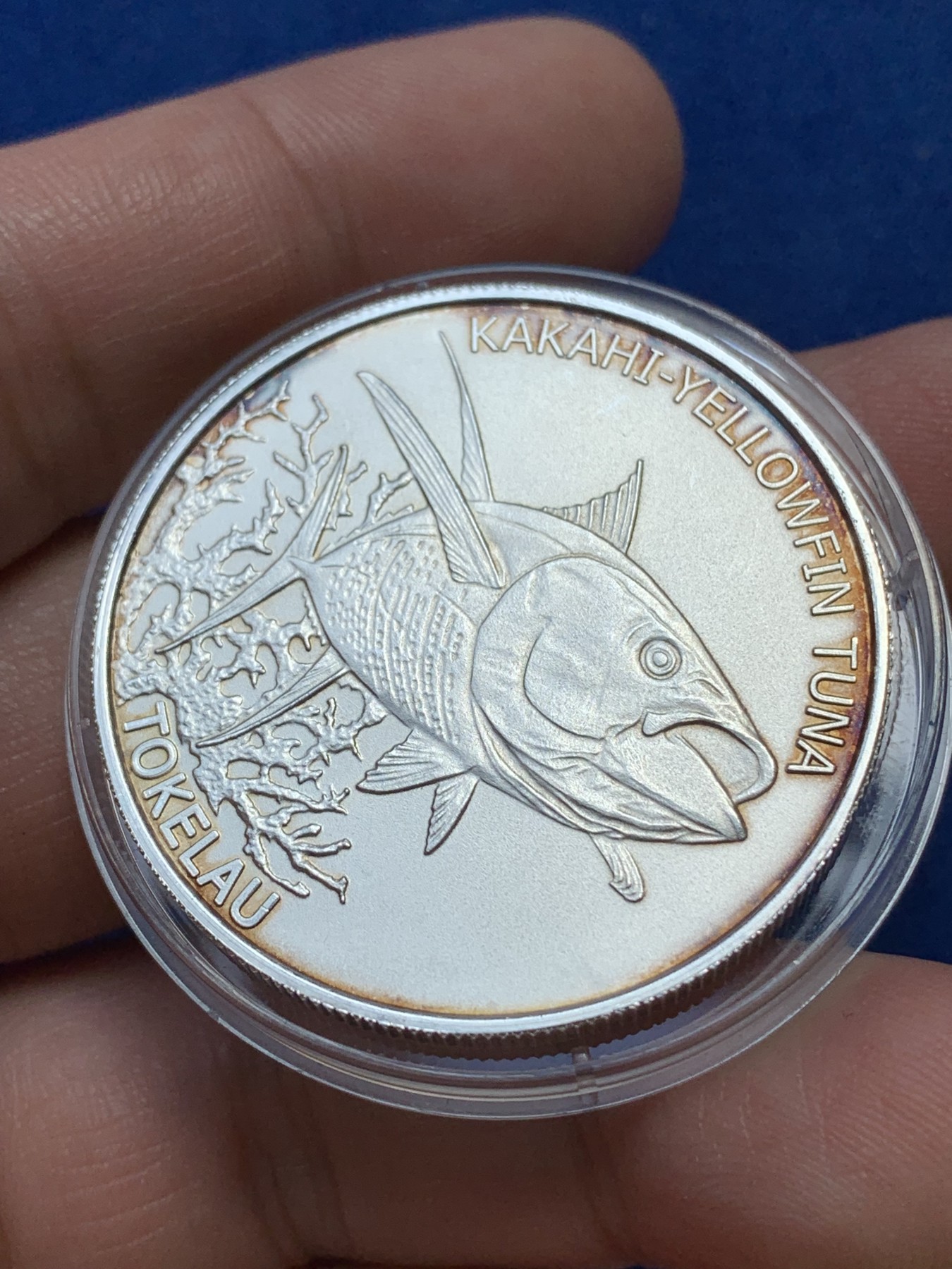 《竞宝斋》第215场-周日，周一 2场 (全场包邮) 新西兰 托克劳群岛 2014 黄鳍金枪鱼 5刀 大银币 999银 31.1克