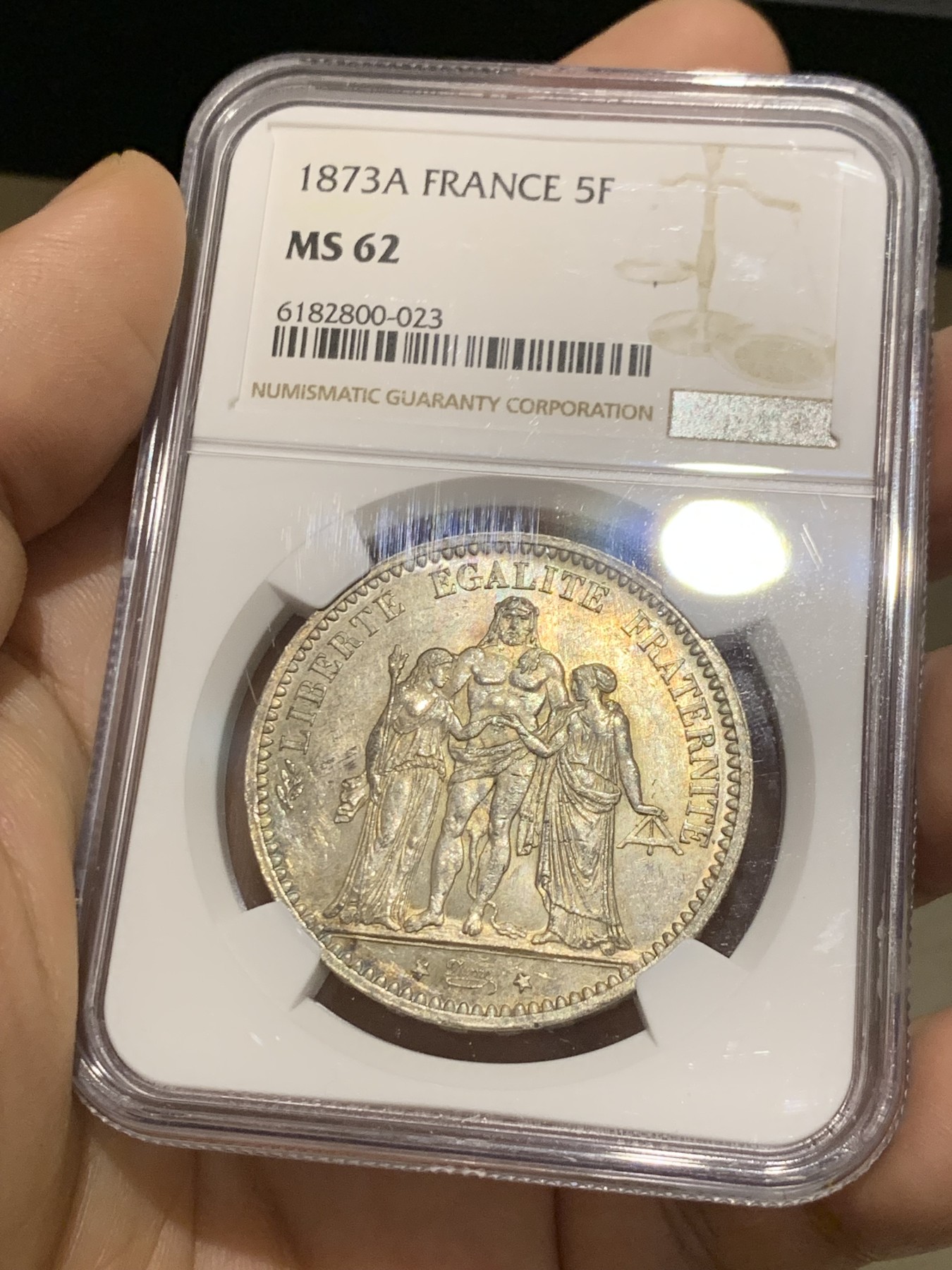 《竞宝斋》第215场-周日，周一 2场 (全场包邮) NGC-MS62 法国1873年大力神5法郎 包浆漂亮 常见品种好细节见图