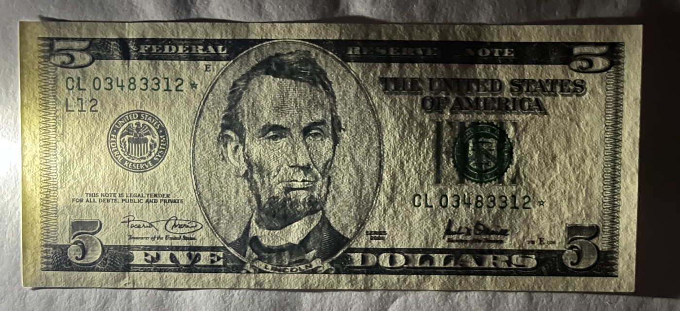 Chase Auction 第26期 - - 外钞、民国钞和人民币混合场！（临时有事，改到22号） 2001版 5美元 大头版 星*补号（Replacement）德克萨斯州Fort Worth新印钞厂印刷