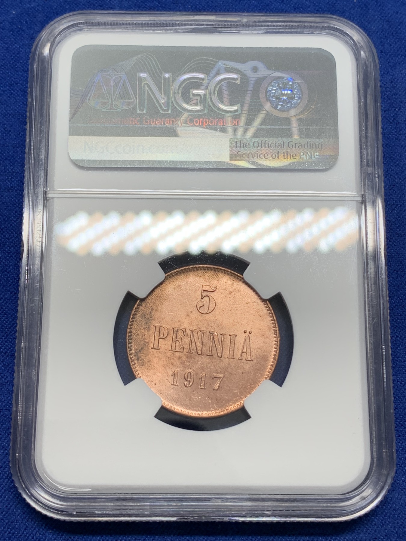 《竞宝斋》第215场-周日，周一 2场 (全场包邮) NGC MS63RD 俄占芬兰1917年克伦斯基临时政府5盆尼铜币，一百多年的老铜币，RD相当难得