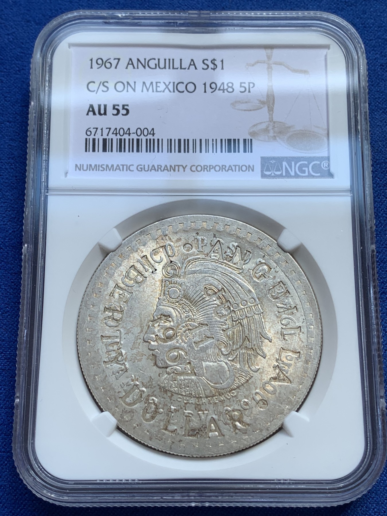 《竞宝斋》第215场-周日，周一 2场 (全场包邮) NGC-AU55 安圭拉1967年加盖墨西哥1948年5比索 MS状态转光感十足，低评