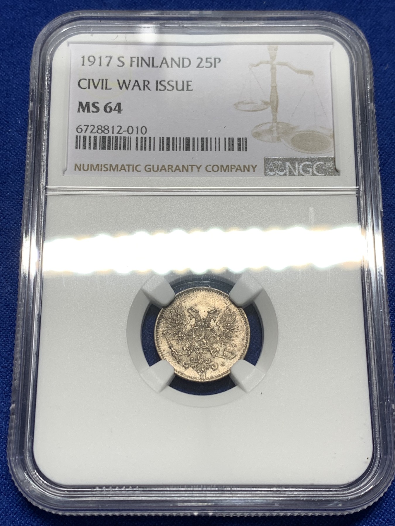 《竞宝斋》第215场-周日，周一 2场 (全场包邮) NGC MS64 俄占芬兰1917年25芬尼银币