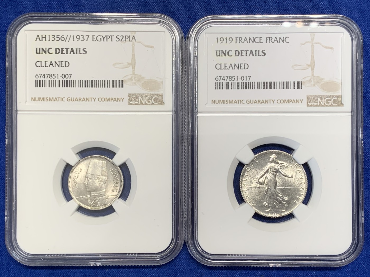 《竞宝斋》第215场-周日，周一 2场 (全场包邮) 两枚一组 NGC-UNC品质银币，埃及1937法鲁克一世2皮阿斯特银币+法国1919年1法郎播种女神银币