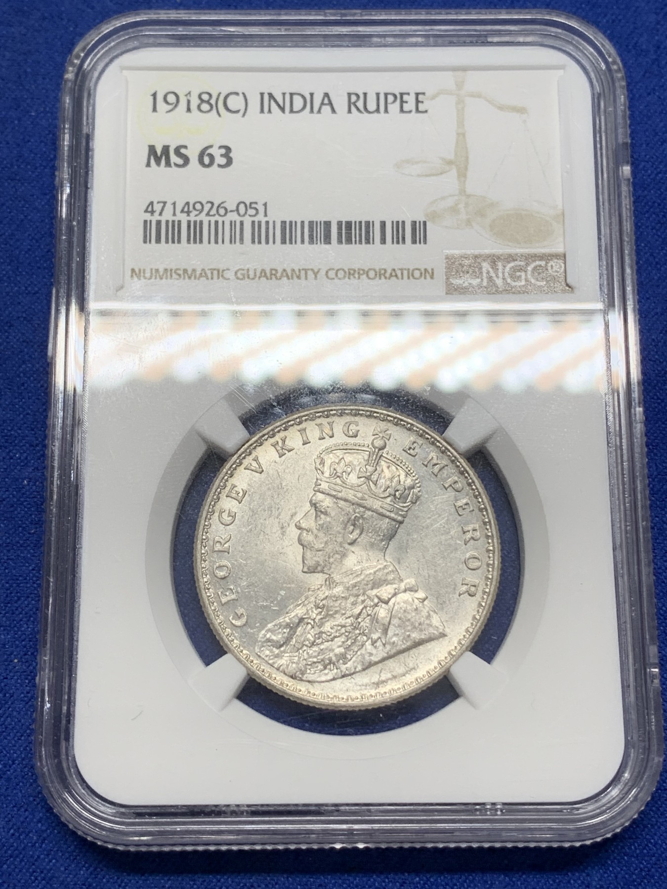 《竞宝斋》第215场-周日，周一 2场 (全场包邮) NGC MS63 印度 1918C 乔治五世 1卢比 银币