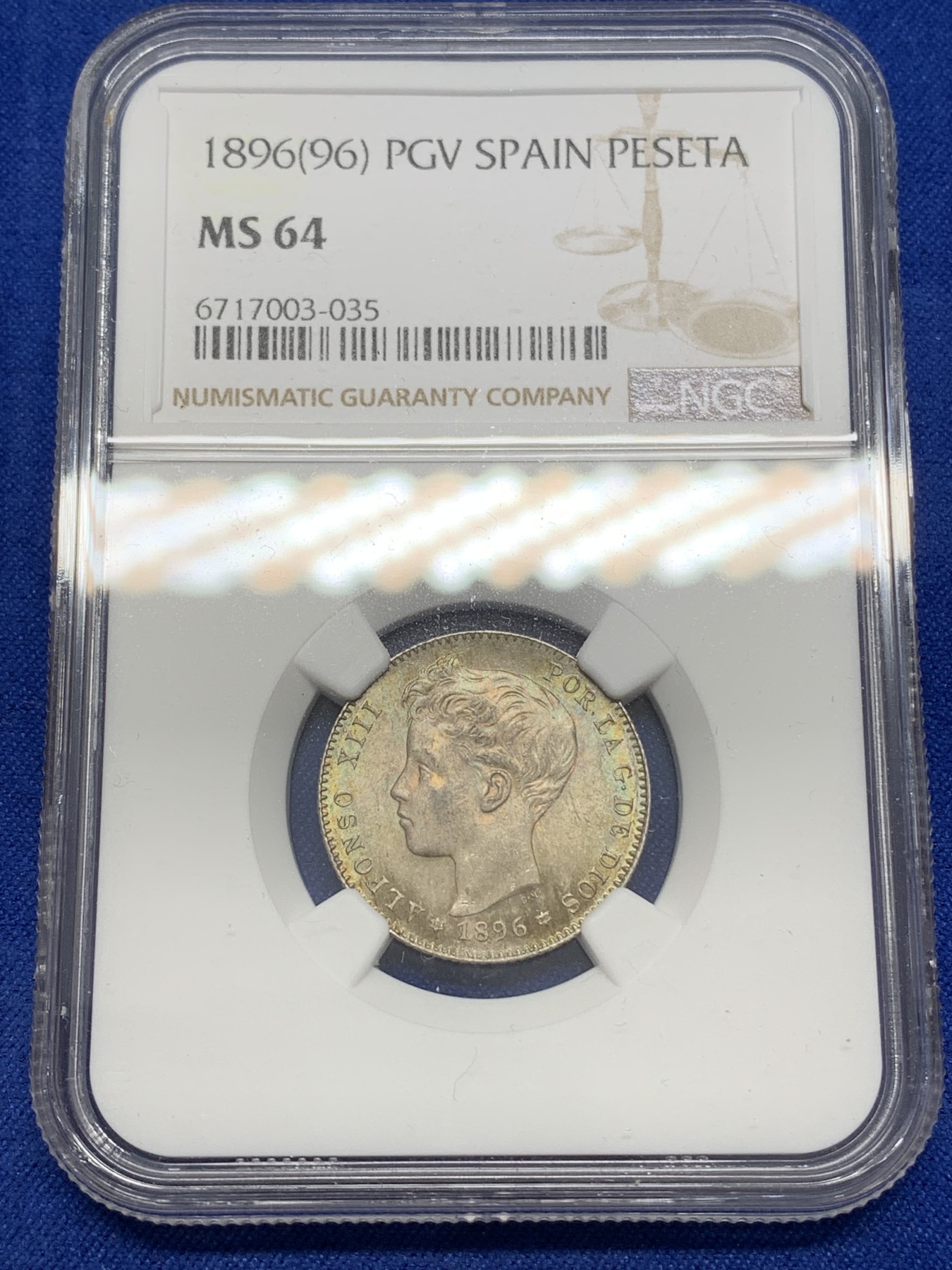 《竞宝斋》第215场-周日，周一 2场 (全场包邮) NGC MS64 西班牙1896年阿方索十三世1比塞塔银币 高分 五彩包浆 难得