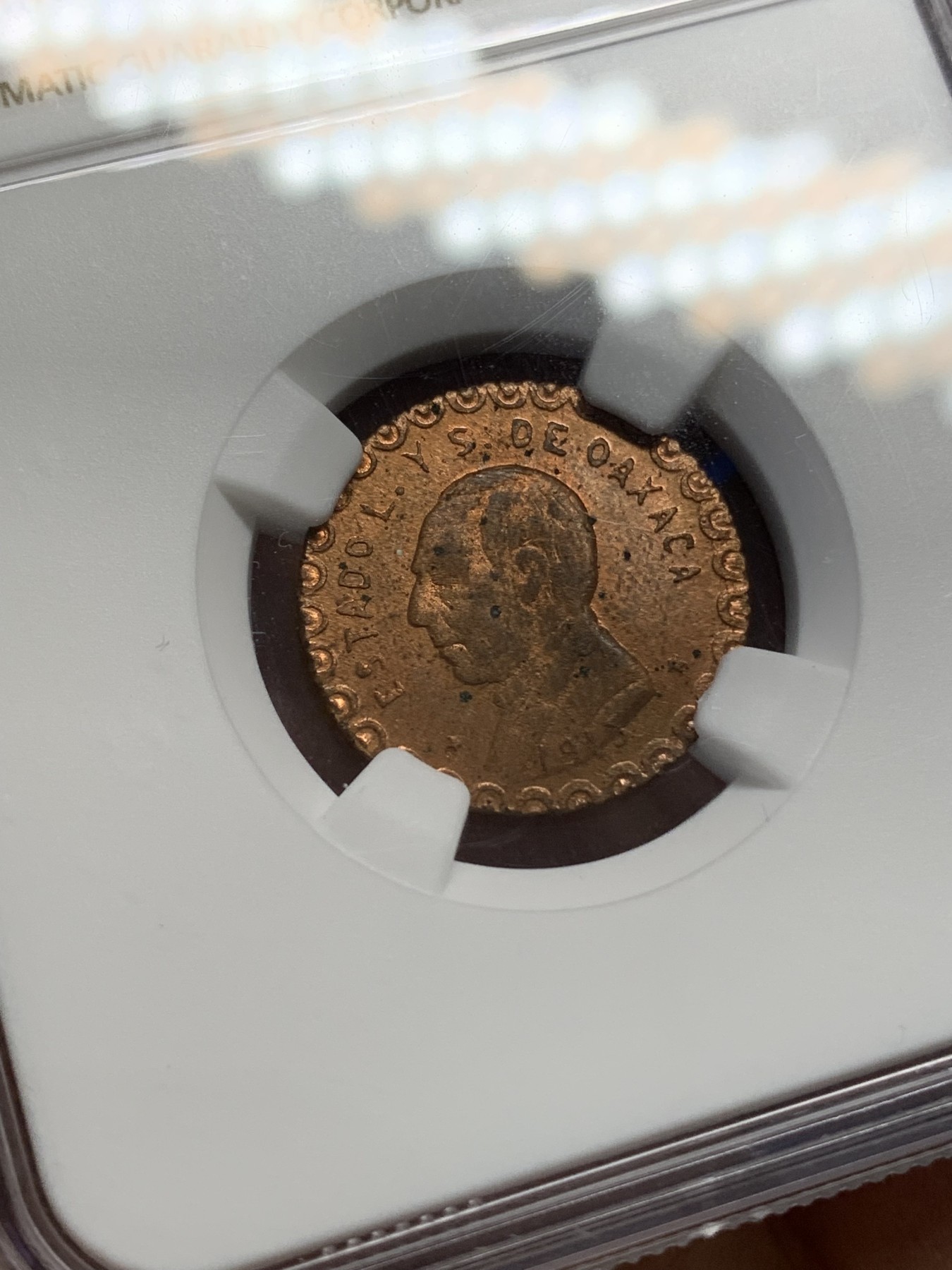 《竞宝斋》第215场-周日，周一 2场 (全场包邮) NGC-MS62RB 墨西哥1915年革命时期Oaxaca3分铜币，非常少见的面值，MS少见，RB原铜光靓丽，状态难得。