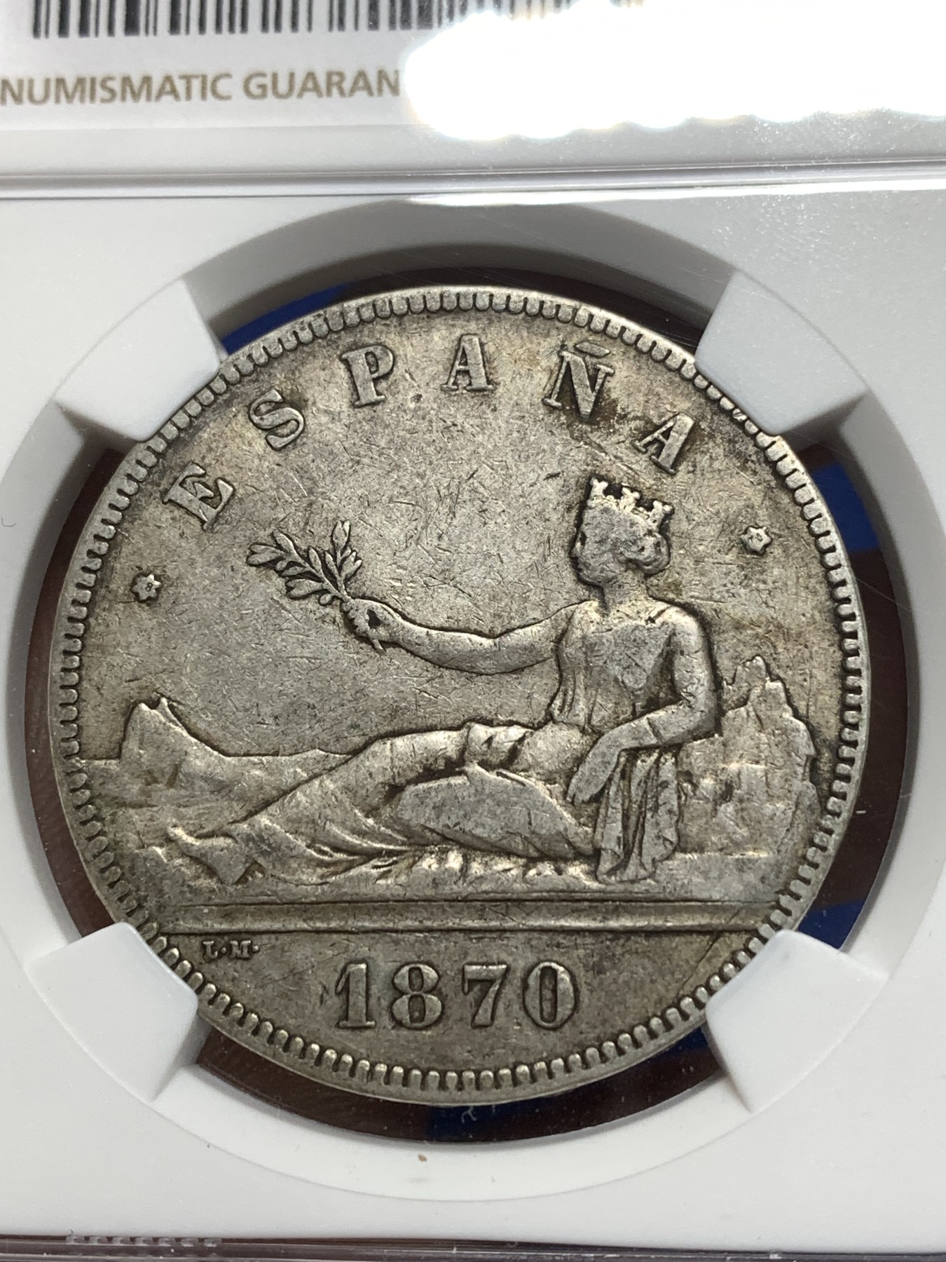 《竞宝斋》第215场-周日，周一 2场 (全场包邮) NGC VF30 西班牙1870年拿花5比塞塔大银币