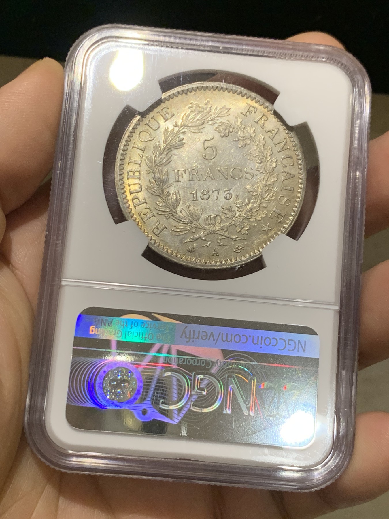 《竞宝斋》第215场-周日，周一 2场 (全场包邮) NGC-MS62 法国1873年大力神5法郎 包浆漂亮 常见品种好细节见图