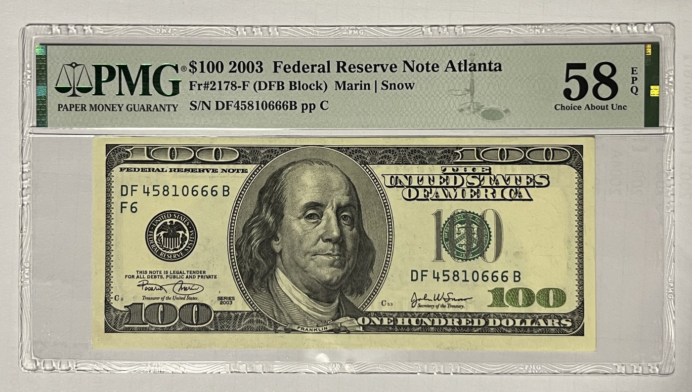Chase Auction 第26期 - - 外钞、民国钞和人民币混合场！（临时有事，改到22号） 2003版 100美元 大头版 666豹子尾号 首都Washington老印钞厂印刷 PMG严格评级58EPQ
