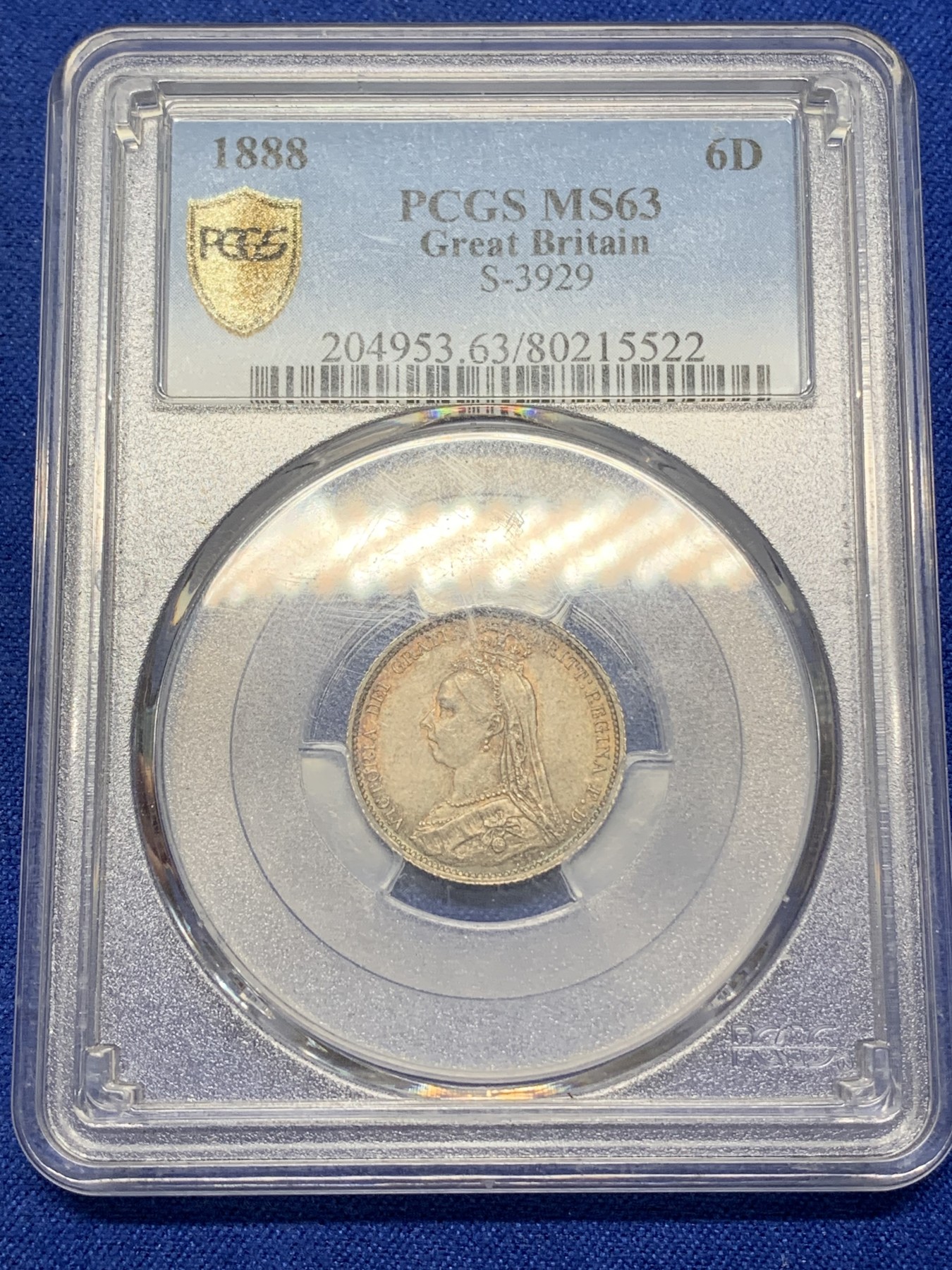 《竞宝斋》第215场-周日，周一 2场 (全场包邮) PCGS-MS63 1888年 英国维多利亚 6便士银币 原光彩包浆