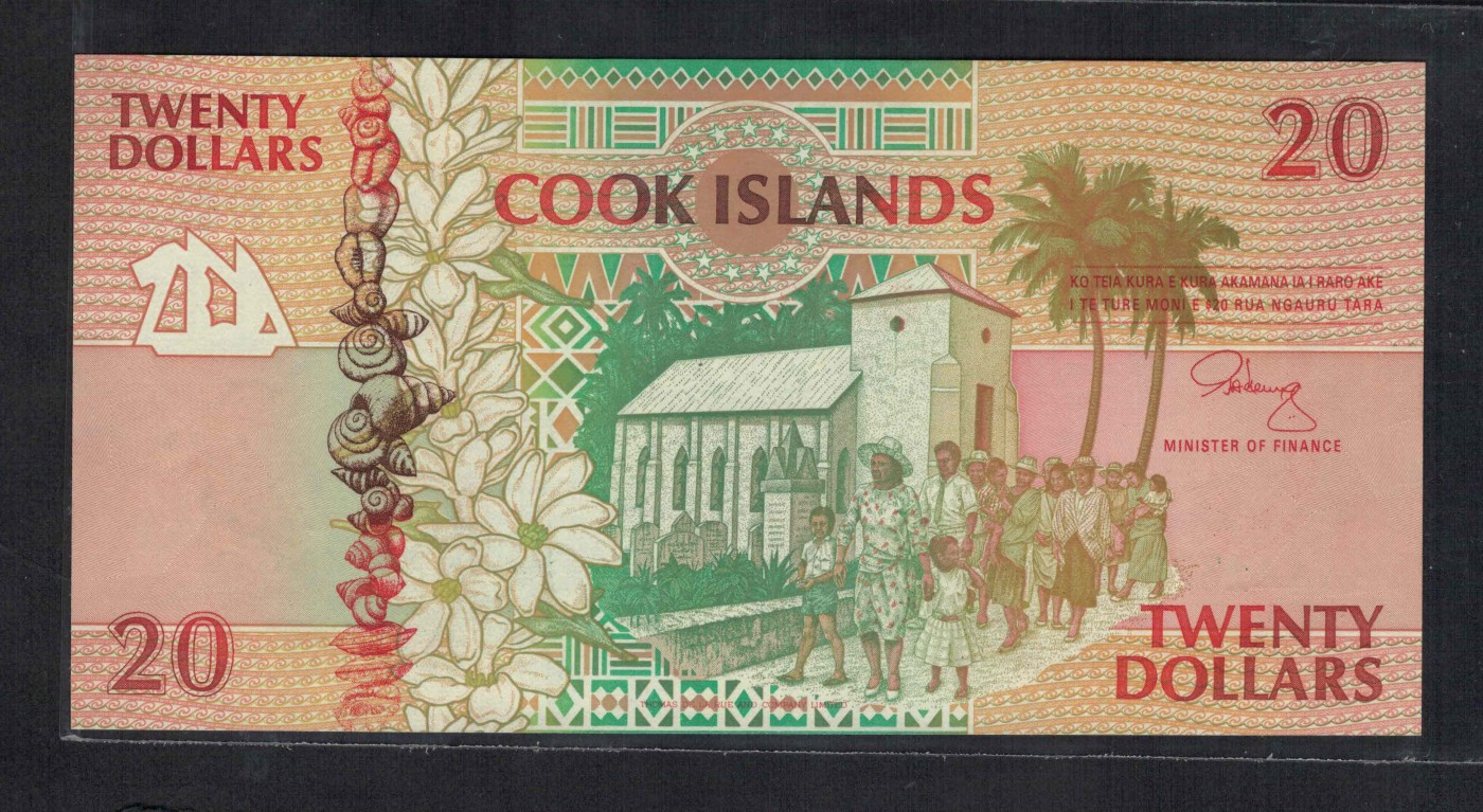 库克群岛(南方五岛)1992年20元 AAA冠 P-9 无4 大洋洲纸币 实物图 UNC
