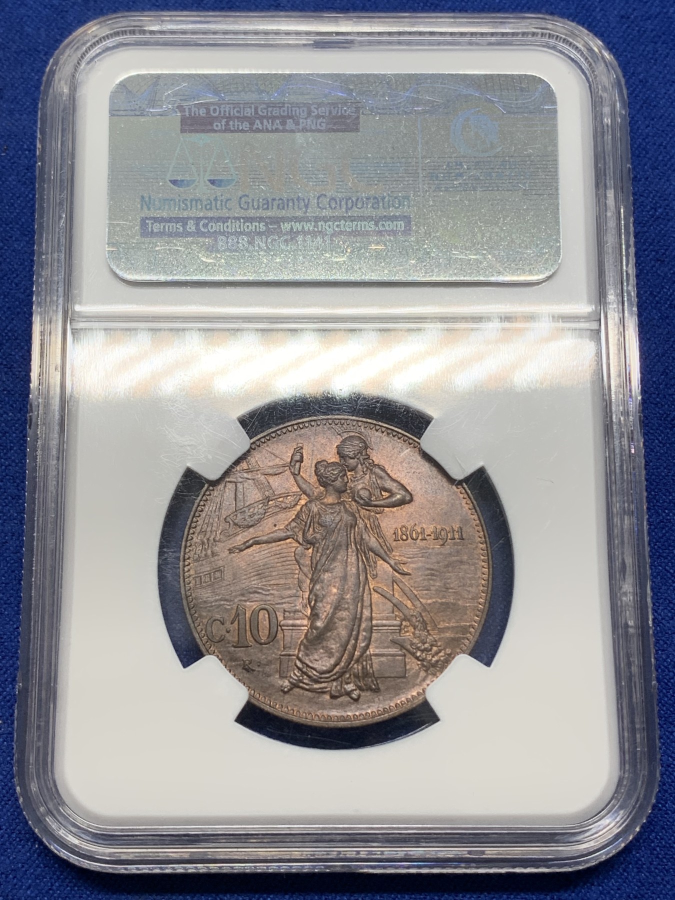 《竞宝斋》第215场-周日，周一 2场 (全场包邮) NGC MS65RB  1911年意大利王国建国50周年10C铜币，背面设计极具艺术感，收藏级亚军分！！！