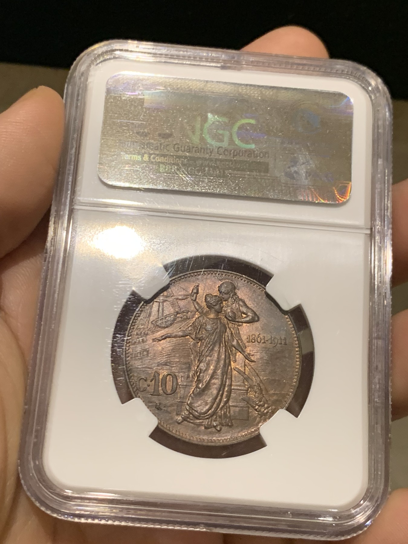 《竞宝斋》第215场-周日，周一 2场 (全场包邮) NGC MS65RB  1911年意大利王国建国50周年10C铜币，背面设计极具艺术感，收藏级亚军分！！！