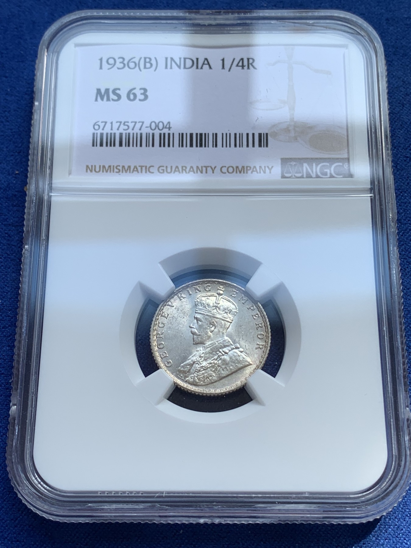 《竞宝斋》第215场-周日，周一 2场 (全场包邮) NGC-MS63 印度 1936年 1/4卢比 底板丝滑，状态很好