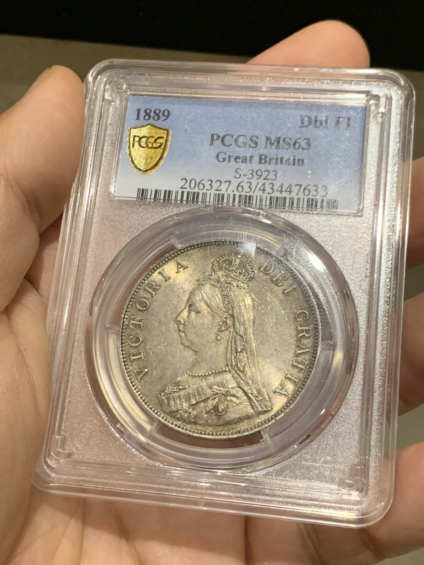 《竞宝斋》第215场-周日，周一 2场 (全场包邮) PCGS MS63 英国 维多利亚 1889年 双弗洛林 少见年份 五彩