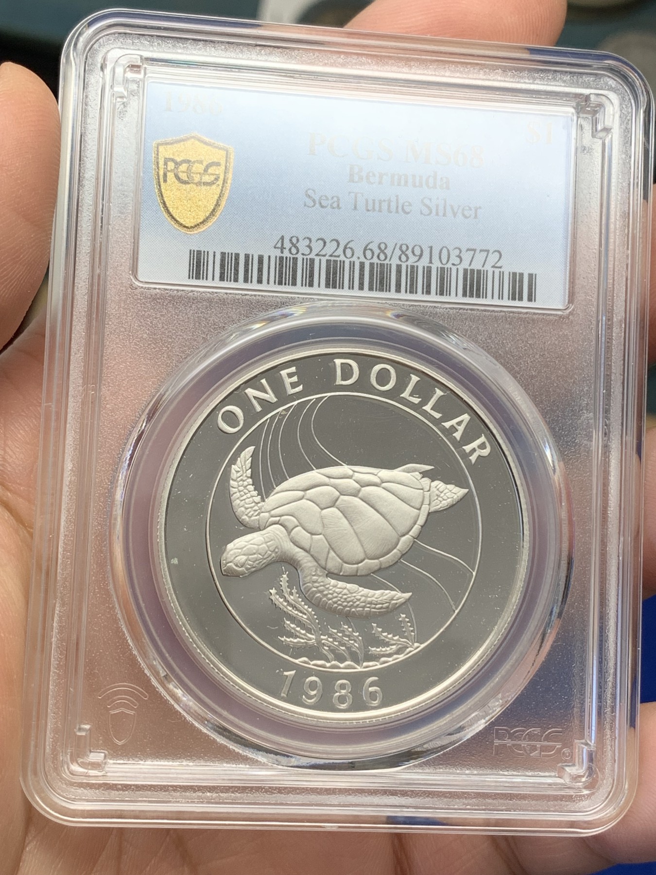 《竞宝斋》第215场-周日，周一 2场 (全场包邮) PCGS金盾 MS68 百慕大1986年海龟1克朗普制大银币，普制的发行量比精制的要少