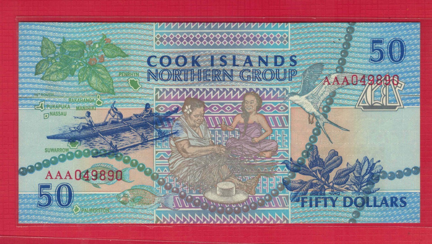 库克群岛(北方群岛)1992年50元 AAA冠 P-10 大洋洲纸币 实物图 UNC