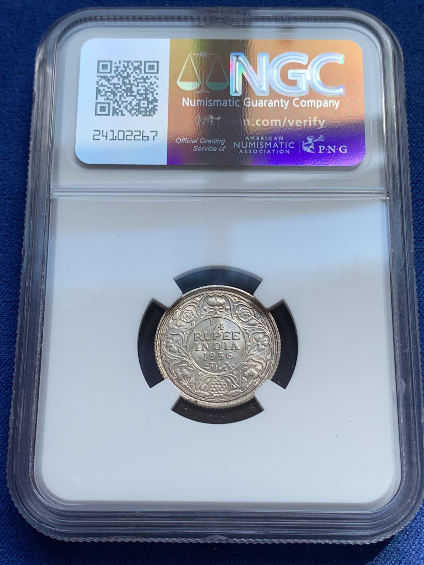 《竞宝斋》第215场-周日，周一 2场 (全场包邮) NGC-MS63 印度 1936年 1/4卢比 底板丝滑，状态很好