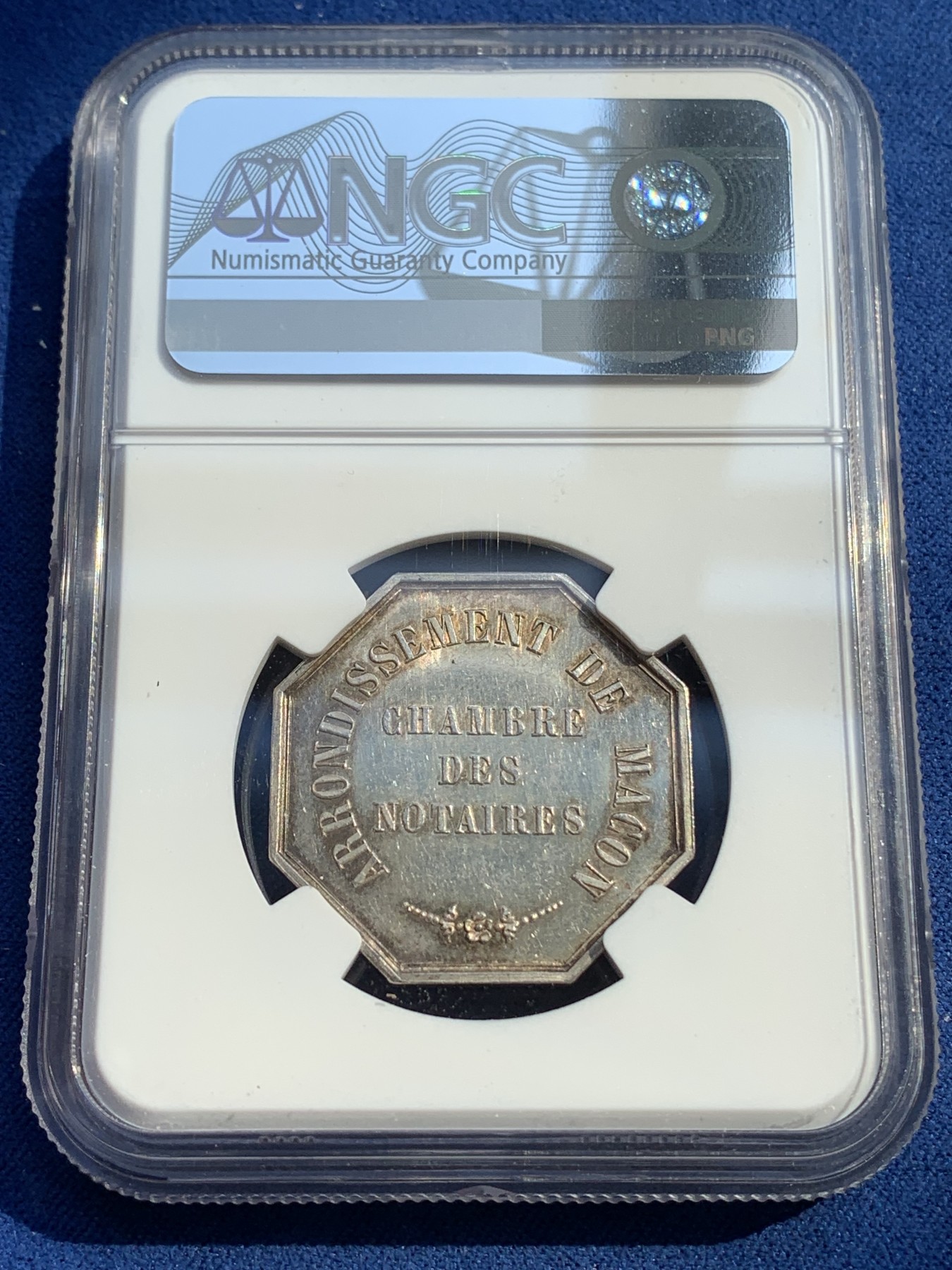 《竞宝斋》第215场-周日，周一 2场 (全场包邮) NGC MS62 法国八角银质代币 马康公证处 细节不错