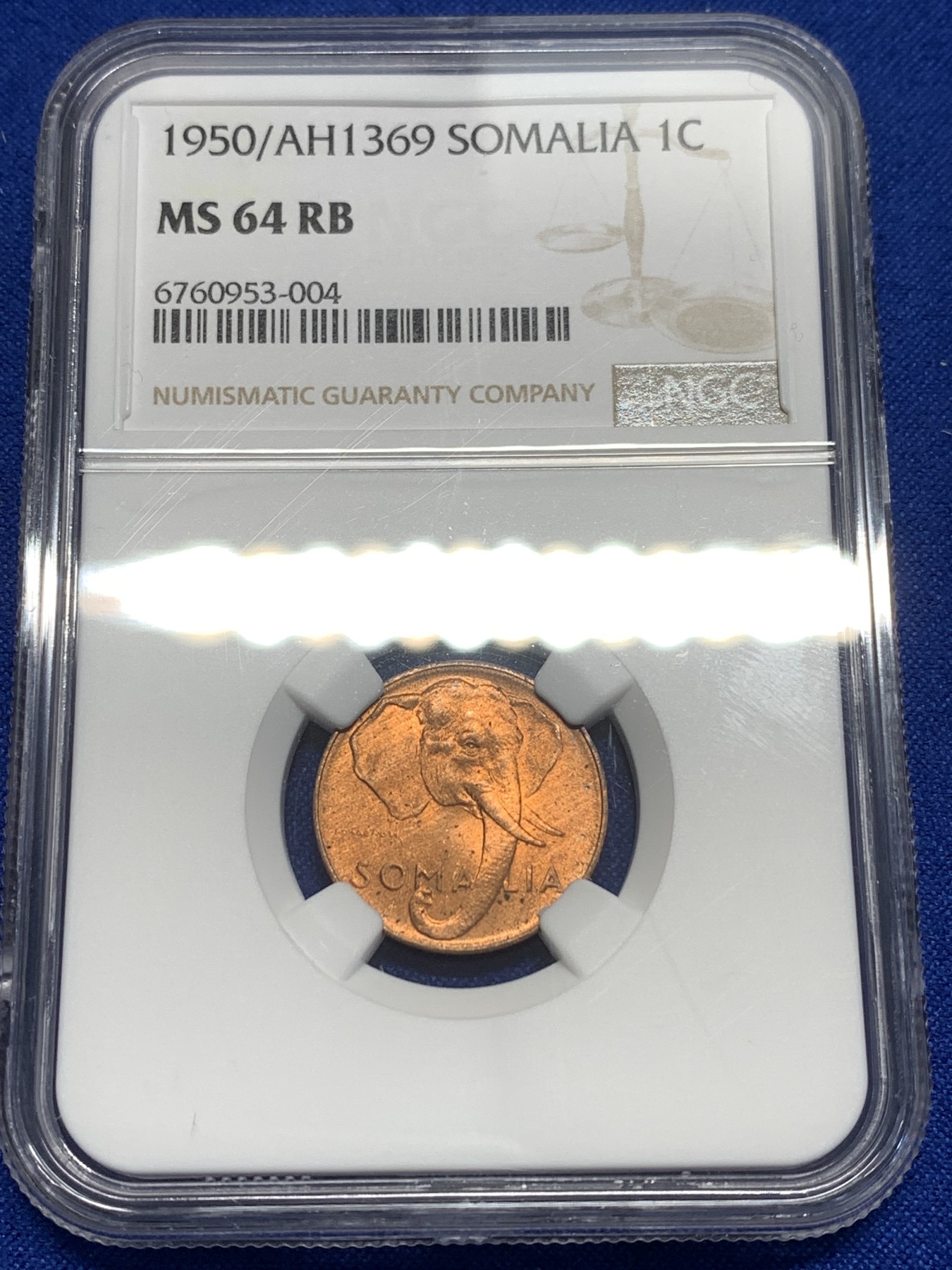 《竞宝斋》第215场-周日，周一 2场 (全场包邮) NGC MS64RB 意属索马里1950年1分，高分好品