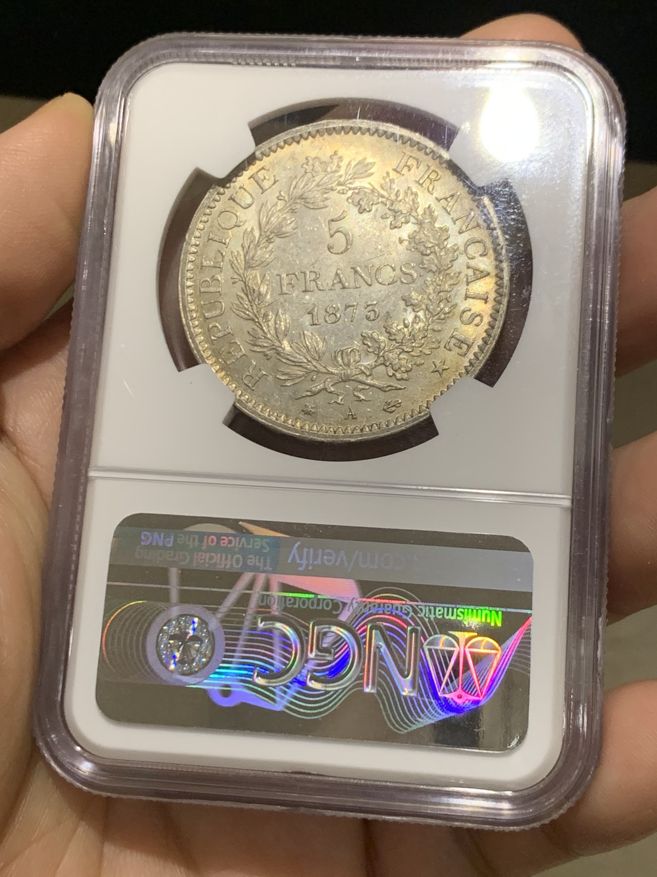 《竞宝斋》第215场-周日，周一 2场 (全场包邮) NGC-MS62 法国1873年大力神5法郎 包浆漂亮 常见品种好细节见图
