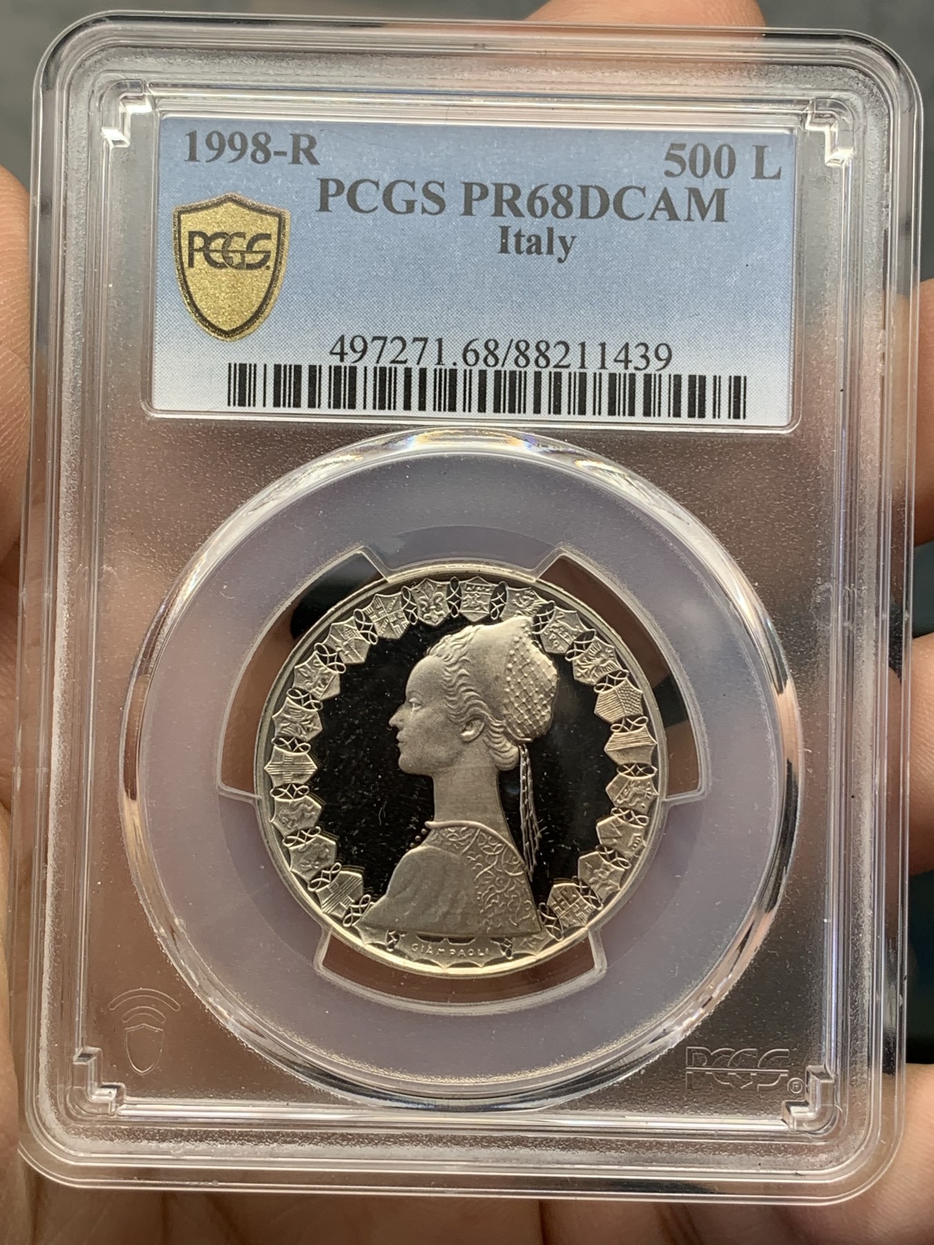 《竞宝斋》第215场-周日，周一 2场 (全场包邮) PCGS-PR68 1998年 意大利 少女与帆船 500里拉 银币