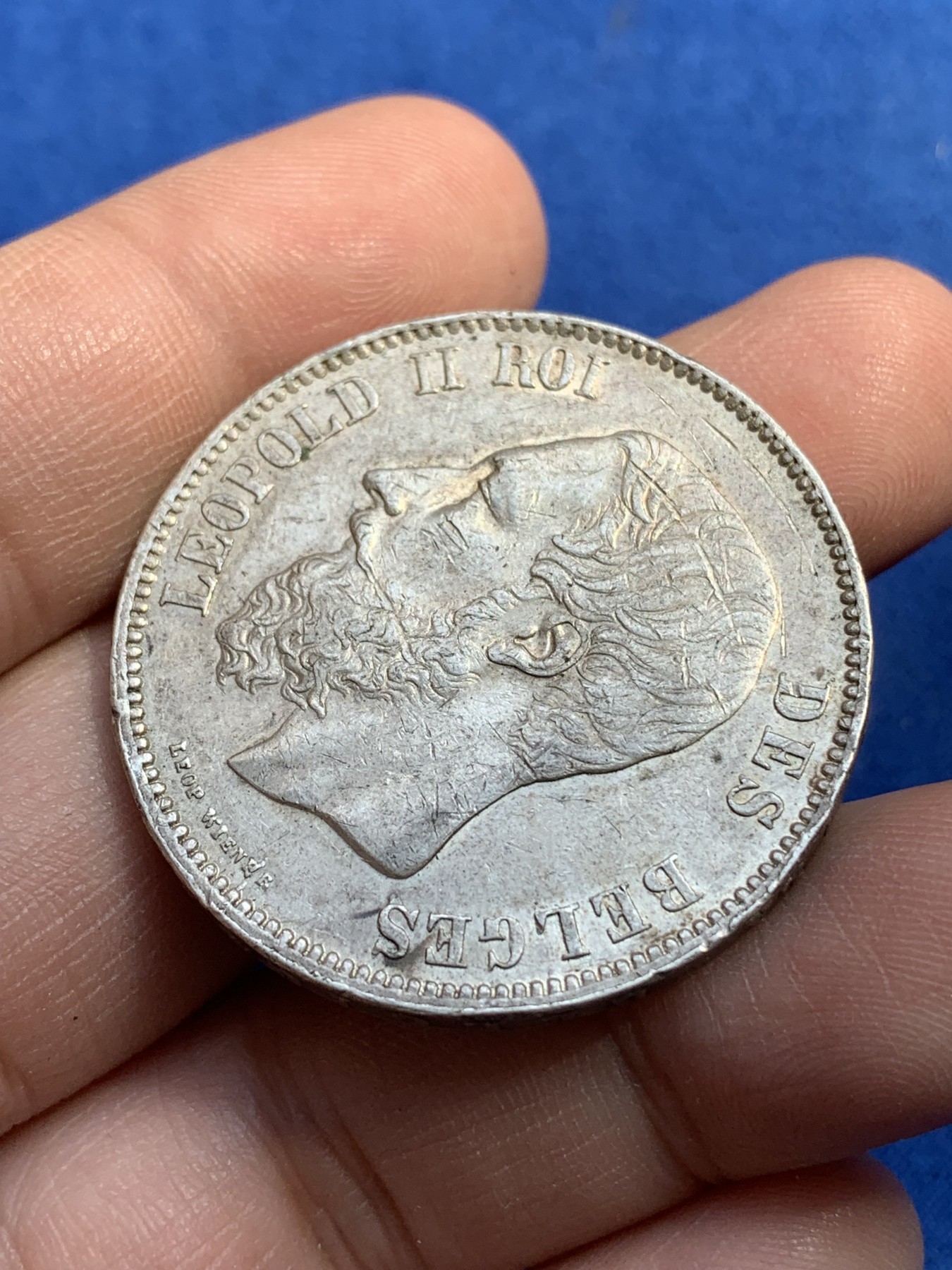 《竞宝斋》第215场-周日，周一 2场 (全场包邮) 比利时1873年 利奥波德二世 5法郎银币 带底光 细节还不错