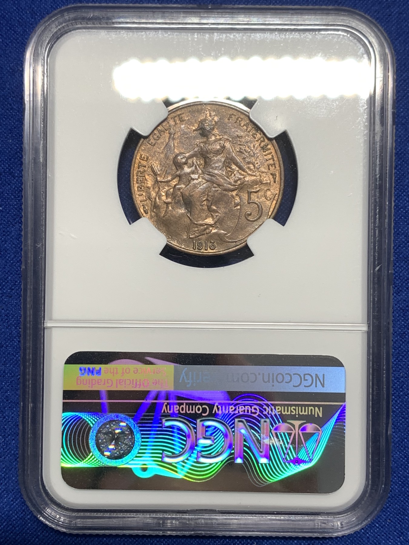 《竞宝斋》第215场-周日，周一 2场 (全场包邮) NGC AU58 1913年法国5c铜币