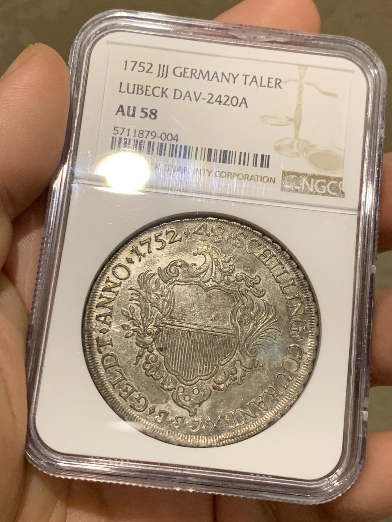 《竞宝斋》第215场-周日，周一 2场 (全场包邮) 唯一冠军分！NGC-AU58 德国 1752年吕贝克帝国自由市 48先令银币 底板带光 味道十足