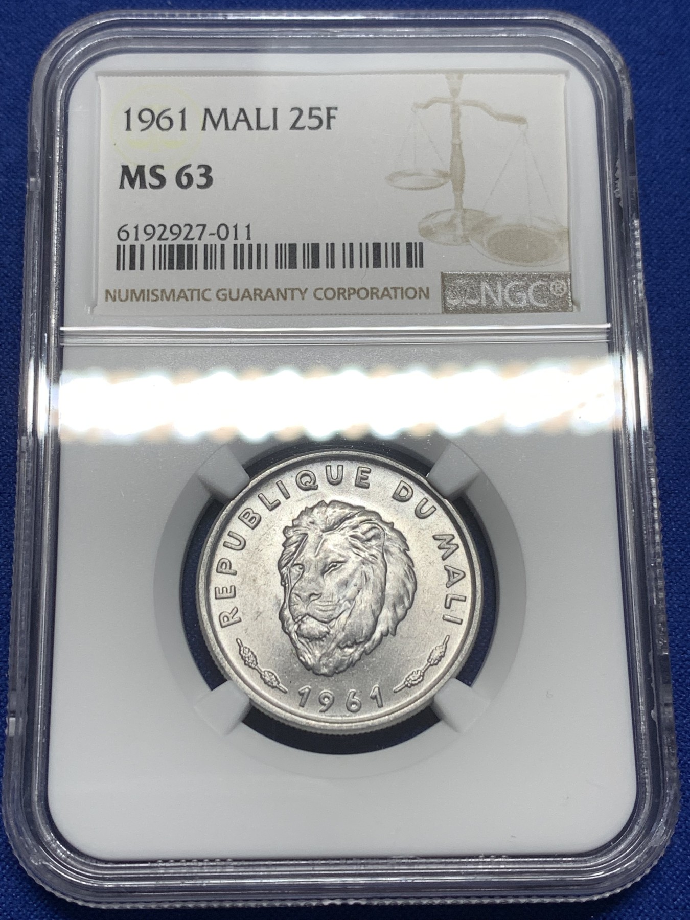 《竞宝斋》第215场-周日，周一 2场 (全场包邮) NGC MS63 马里1961年25法郎狮子头，好品