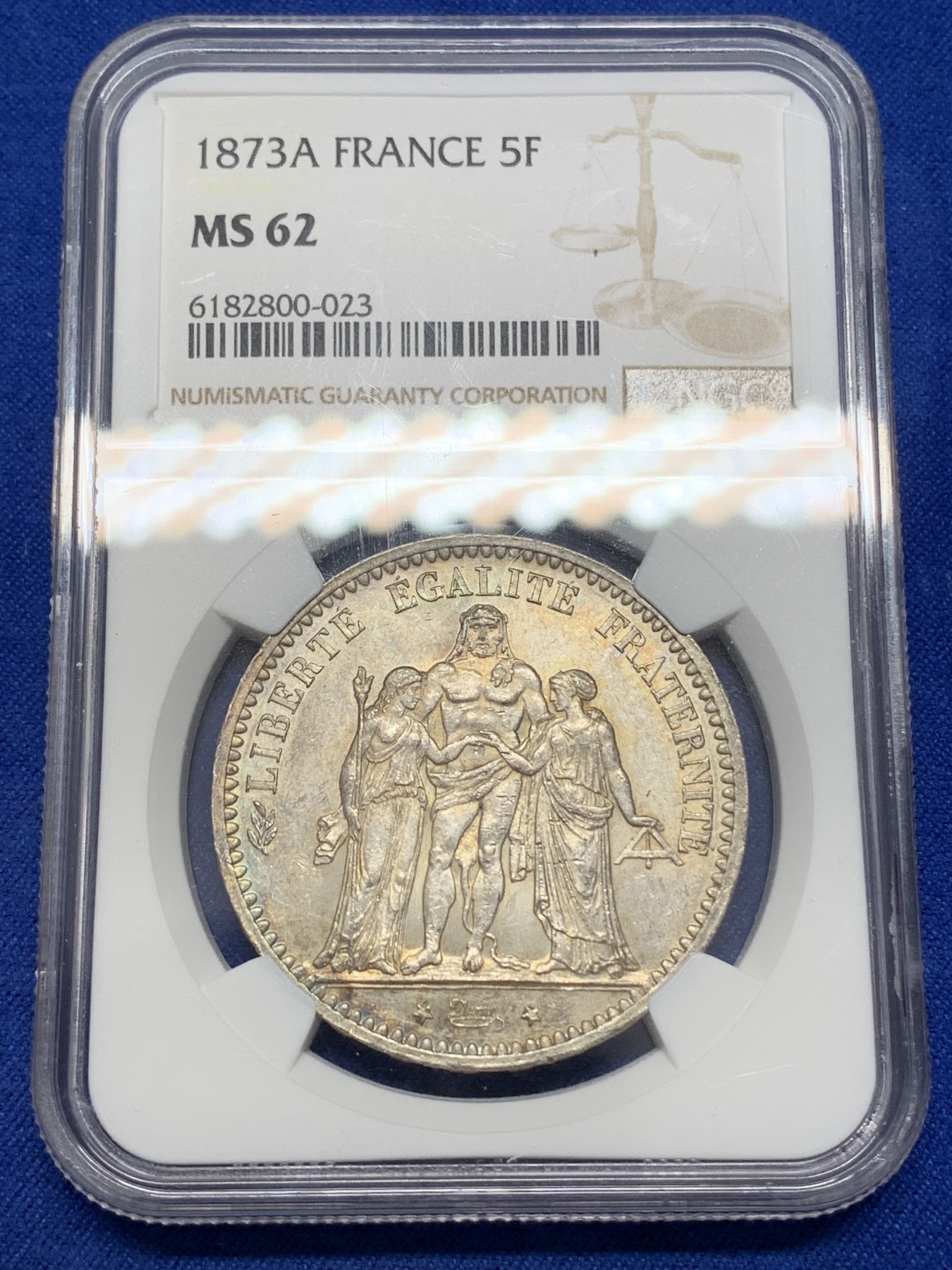 《竞宝斋》第215场-周日，周一 2场 (全场包邮) NGC-MS62 法国1873年大力神5法郎 包浆漂亮 常见品种好细节见图