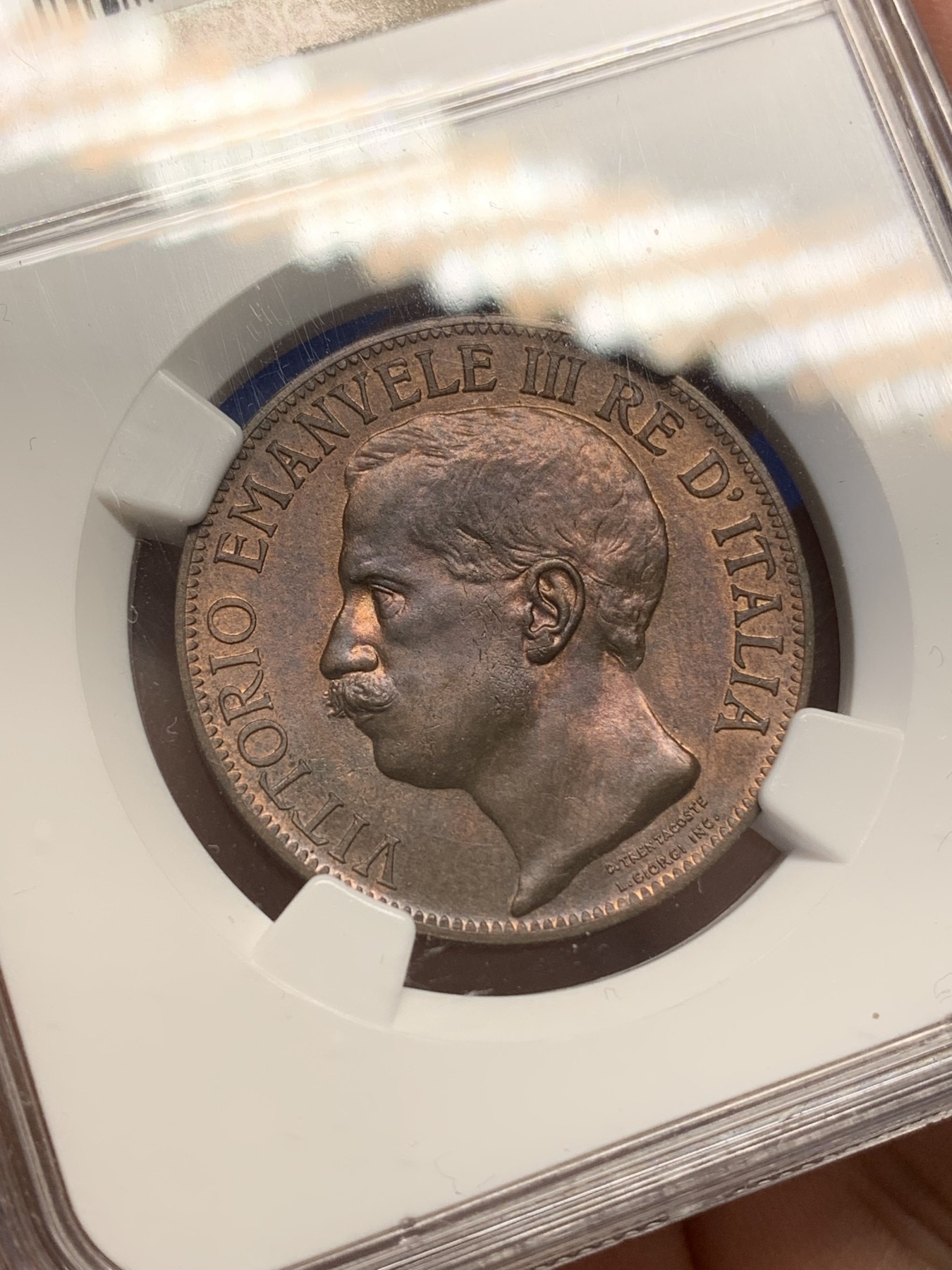 《竞宝斋》第215场-周日，周一 2场 (全场包邮) NGC MS65RB  1911年意大利王国建国50周年10C铜币，背面设计极具艺术感，收藏级亚军分！！！