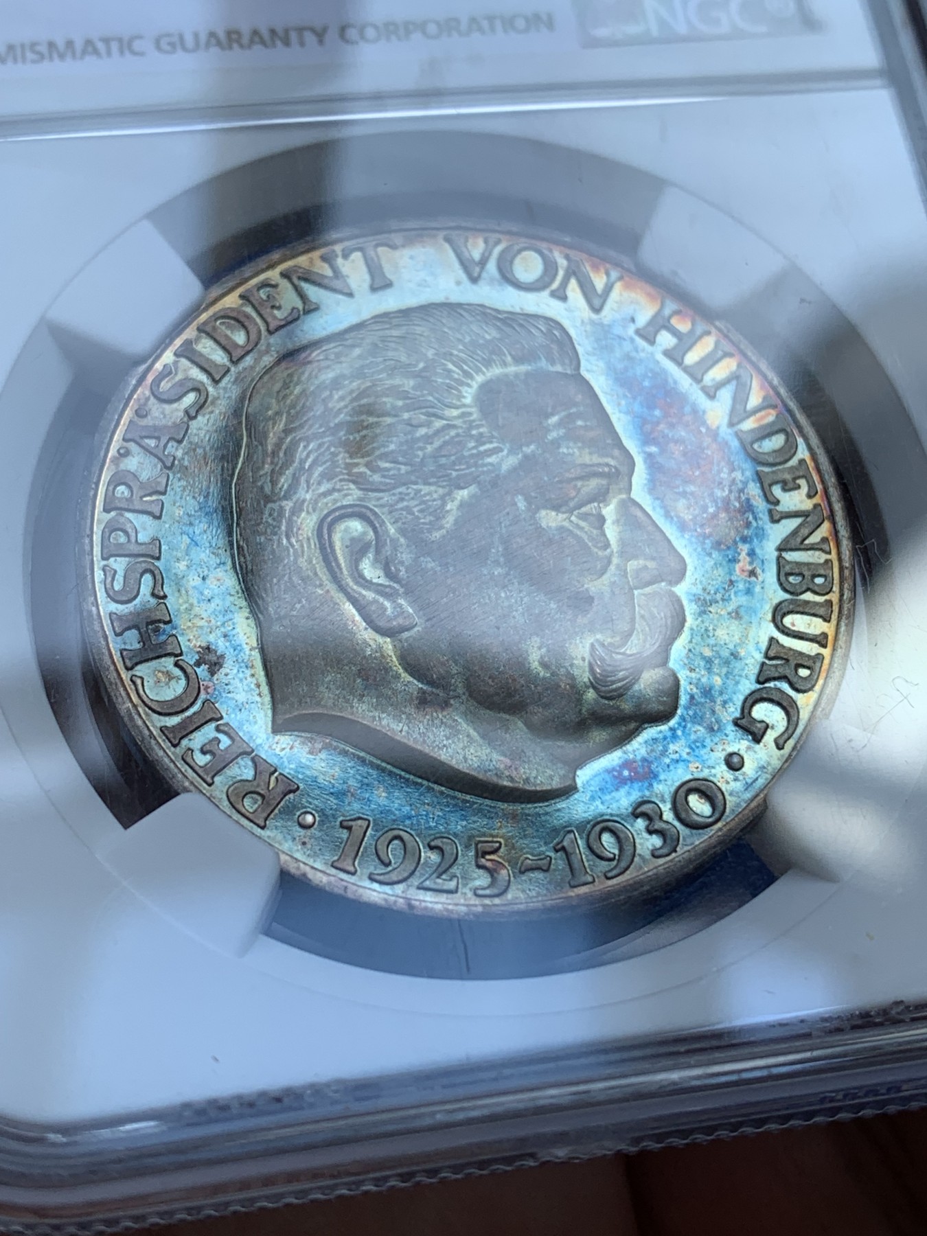 《竞宝斋》第215场-周日，周一 2场 (全场包邮) NGC MS66 1930年德国兴登堡橡树银章 五彩包浆 品相完美