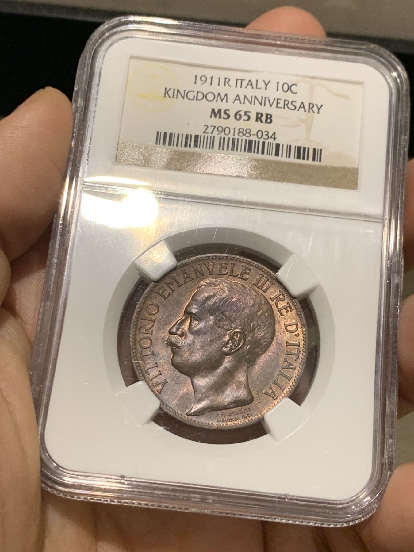 《竞宝斋》第215场-周日，周一 2场 (全场包邮) NGC MS65RB  1911年意大利王国建国50周年10C铜币，背面设计极具艺术感，收藏级亚军分！！！