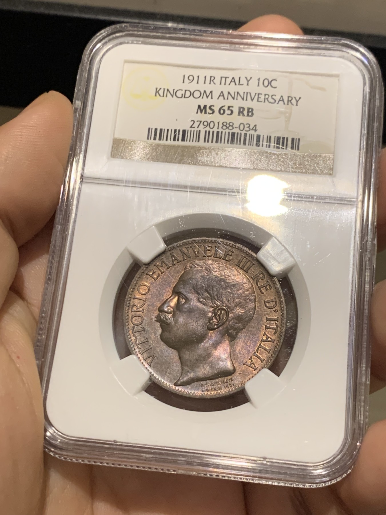 《竞宝斋》第215场-周日，周一 2场 (全场包邮) NGC MS65RB  1911年意大利王国建国50周年10C铜币，背面设计极具艺术感，收藏级亚军分！！！
