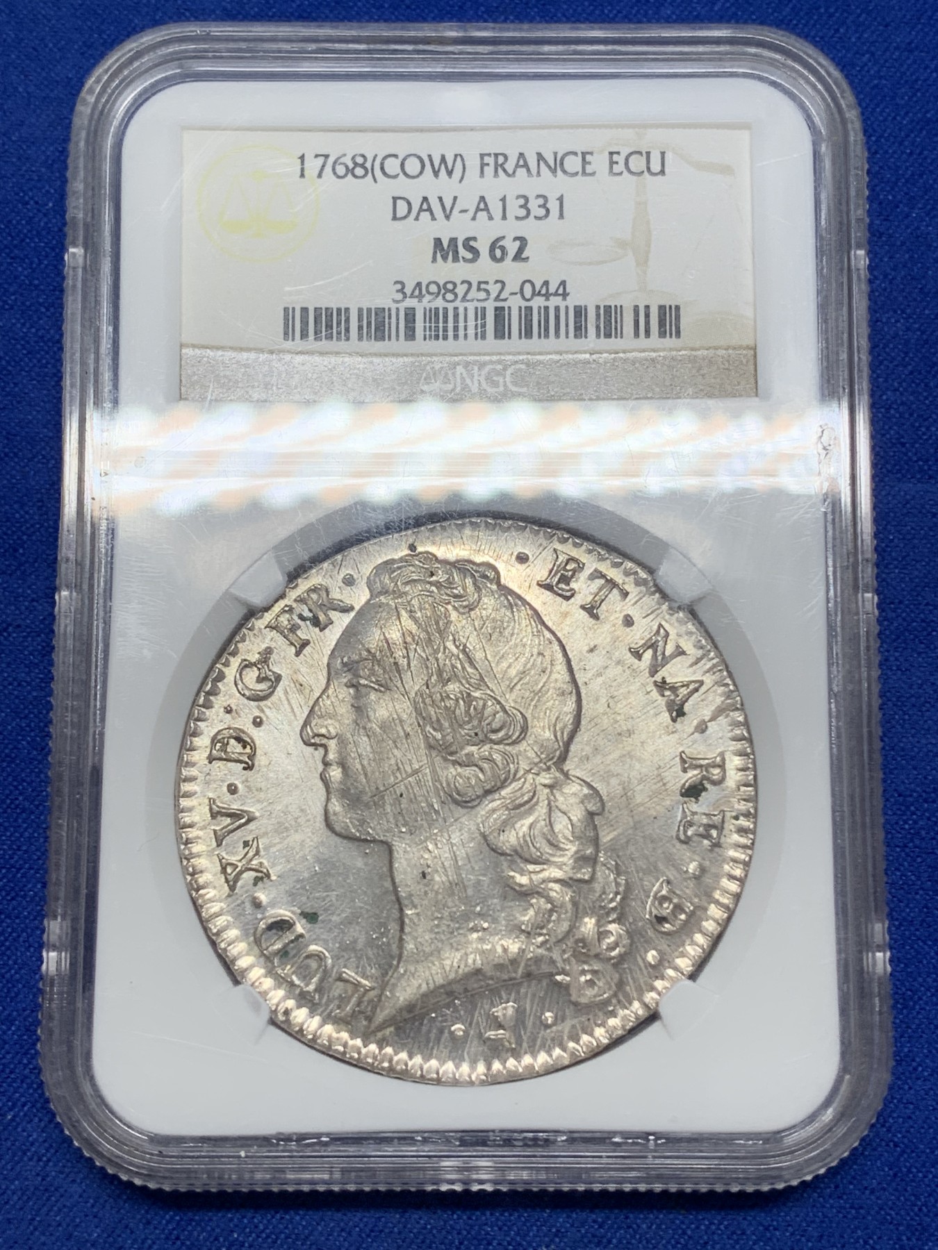《竞宝斋》第215场-周日，周一 2场 (全场包邮) NGC-MS62 法国1768路易十五埃居 NGC唯一冠军分 光度一流 罕见品种 法系必备！