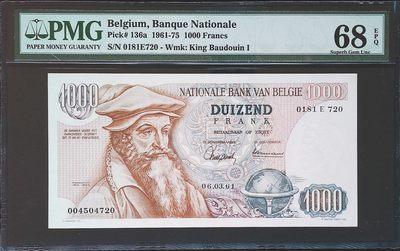 世界靓号纸钞第三十三期 - 1961年比利时初版1000法郎 经典大力神 PMG68 冠军分 仅有三张 更难能可贵的还是老壳