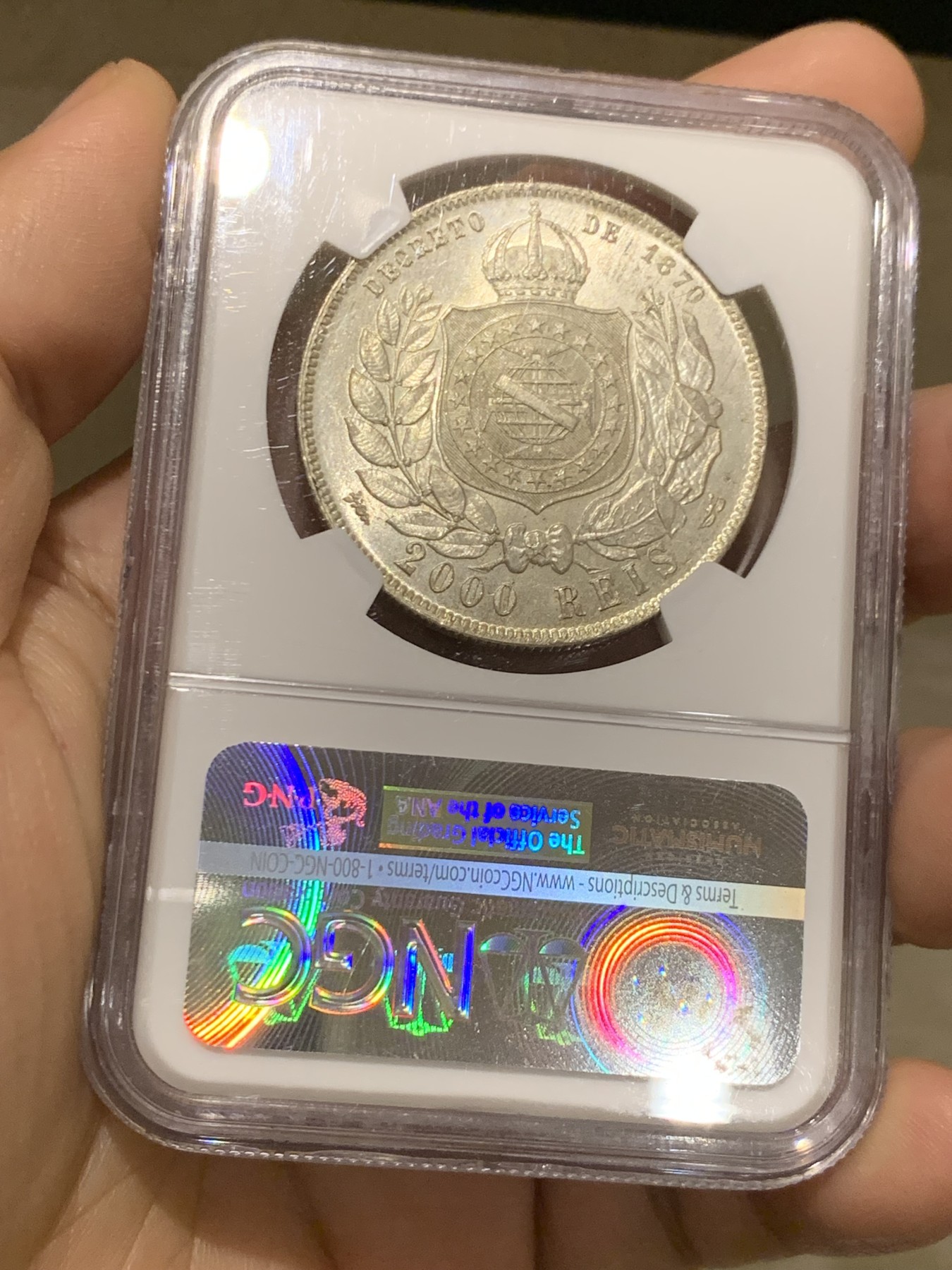 《竞宝斋》第215场-周日，周一 2场 (全场包邮) NGC-MS64 巴西 1888年2000瑞尔 佩德罗二世 大胡子银币 淡黄包浆 MS-64稀有高分一步到位 南美热点品种