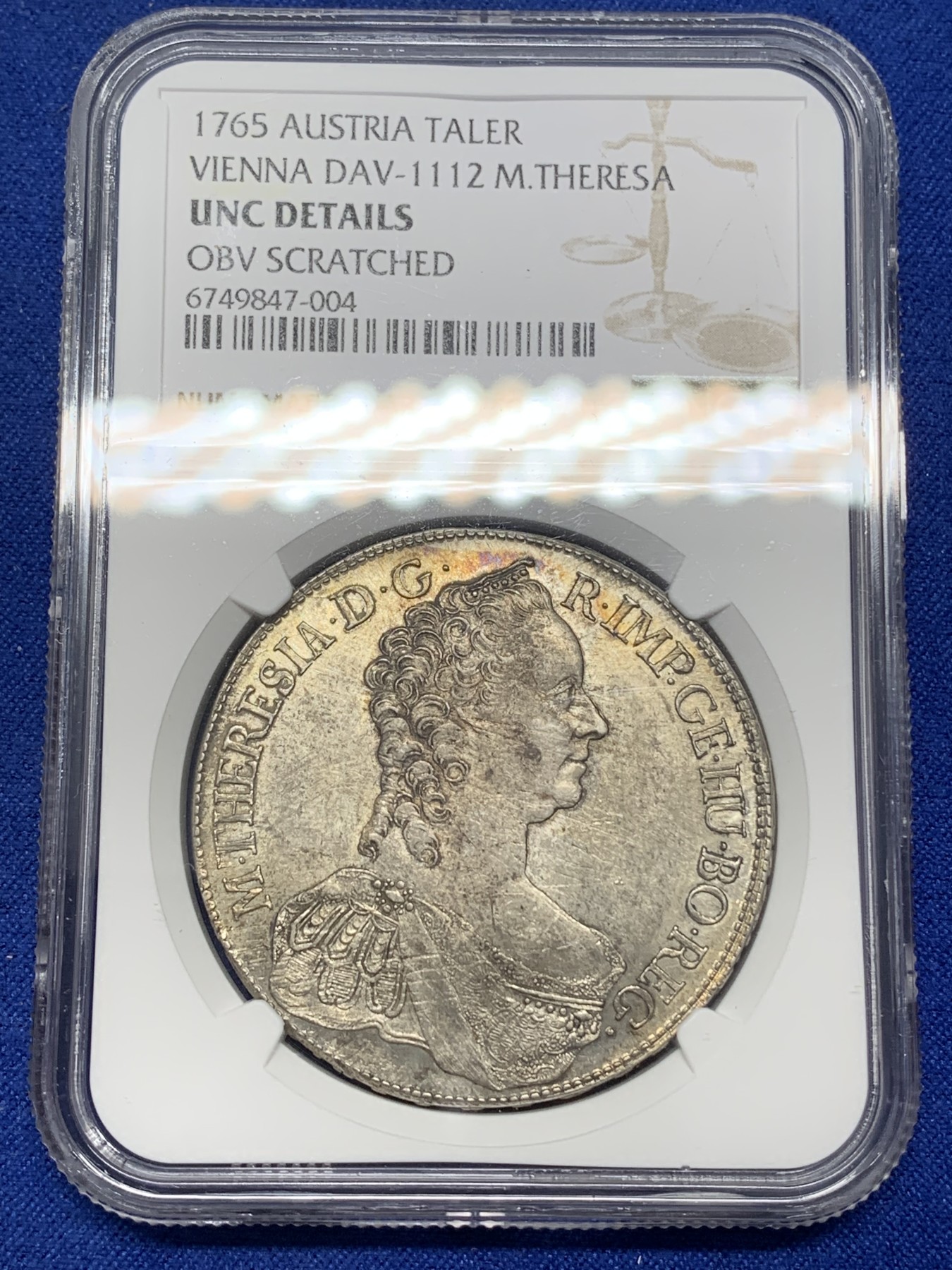 《竞宝斋》第215场-周日，周一 2场 (全场包邮) NGC-UNC 神圣罗马帝国 1765 1泰勒 玛丽亚特蕾莎大银币 维也纳造币厂 淡金彩 正面表面极浅划痕