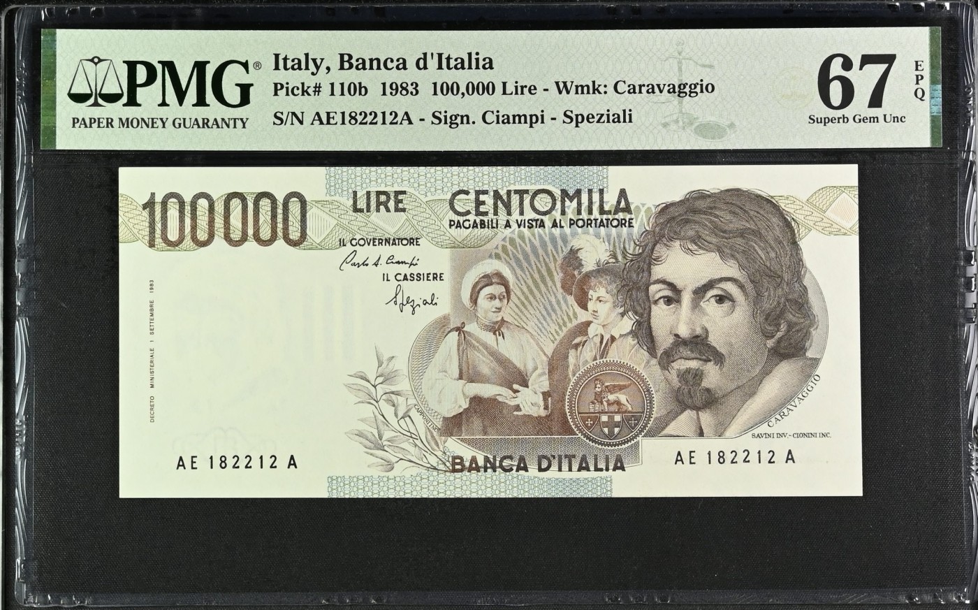 🌗乐淘淘纸币粉丝返利场 第28期 本店粉丝每拍订单返利五元！🌓 【AE182212A】意大利1983年纸币 100000里拉 卡拉瓦乔 无47数三 PMG67EPQ 冠军分
