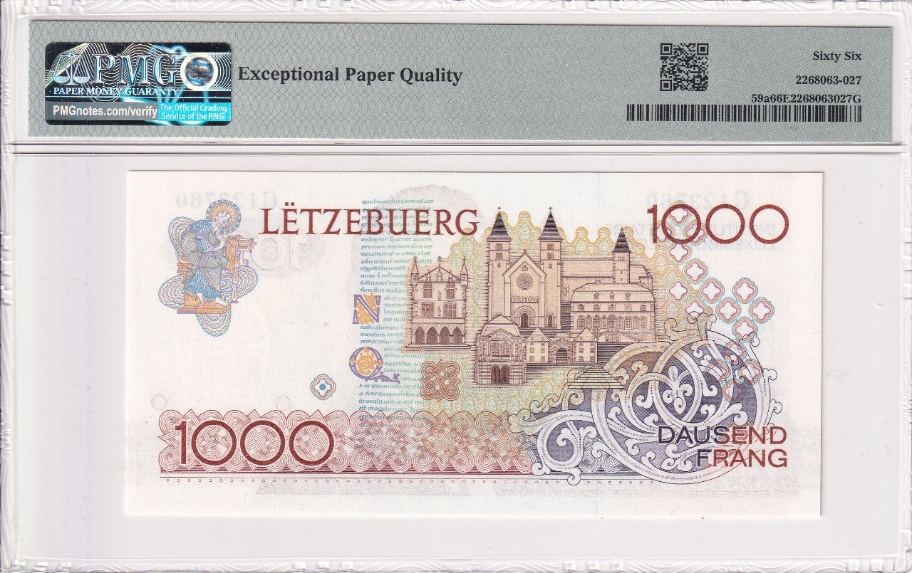 🌗乐淘淘纸币粉丝返利场 第28期 本店粉丝每拍订单返利五元！🌓 【C123760】卢森堡1985年纸币 1000法郎 C冠 PMG66EPQ 季军分