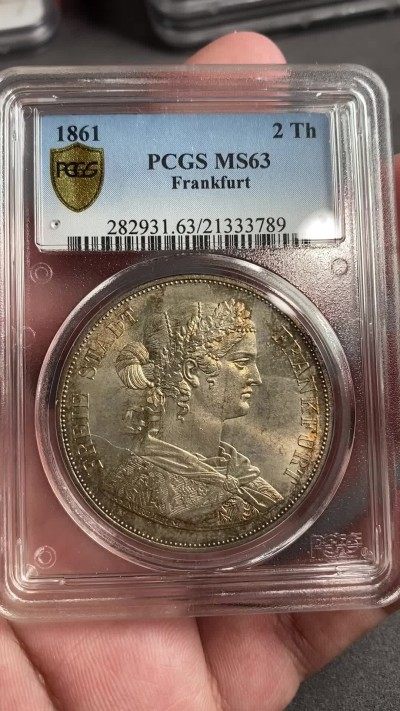 PCGS MS63 1861年德国法兰克福少女流通2泰勒 素金彩裹身 清新淡雅 63中的收藏级状态