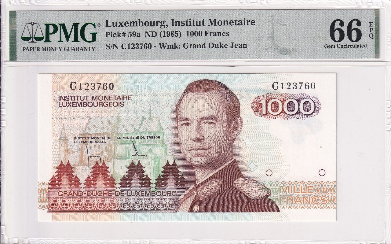🌗乐淘淘纸币粉丝返利场 第28期 本店粉丝每拍订单返利五元！🌓 【C123760】卢森堡1985年纸币 1000法郎 C冠 PMG66EPQ 季军分