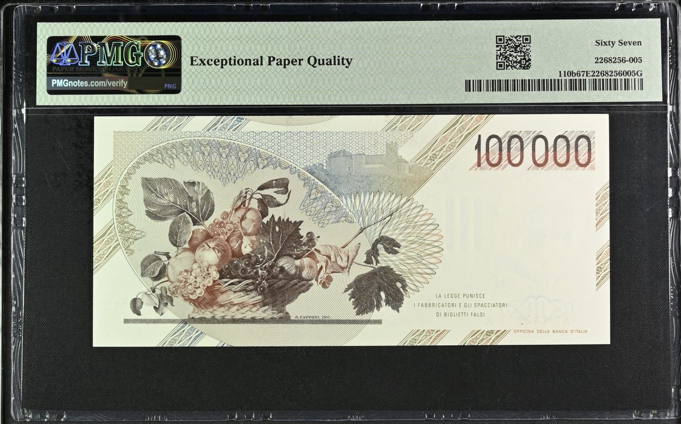 🌗乐淘淘纸币粉丝返利场 第28期 本店粉丝每拍订单返利五元！🌓 【AE182212A】意大利1983年纸币 100000里拉 卡拉瓦乔 无47数三 PMG67EPQ 冠军分