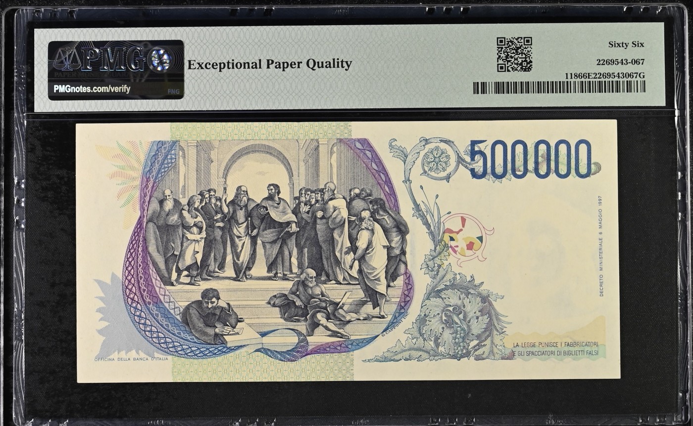 🌗乐淘淘纸币粉丝返利场 第28期 本店粉丝每拍订单返利五元！🌓 【FA250498D】意大利1997年纸币 500000里拉 拉斐尔 PMG66EPQ