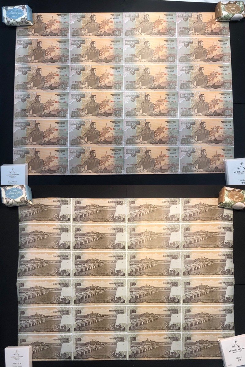 草稿银行第十三期国内外钞票拍卖 朝鲜2007年 金日成主席诞辰95周年整版连体纪念钞 含1、5、10、50、100、200、1000、5000圆八种面值 大全套 全新但有触碰痕迹 带原筒