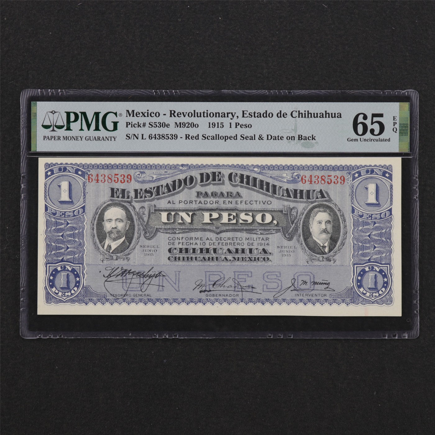 【亘邦集藏】第180期拍卖 1915年 墨西哥1比索 PMG 65EPQ 6438539