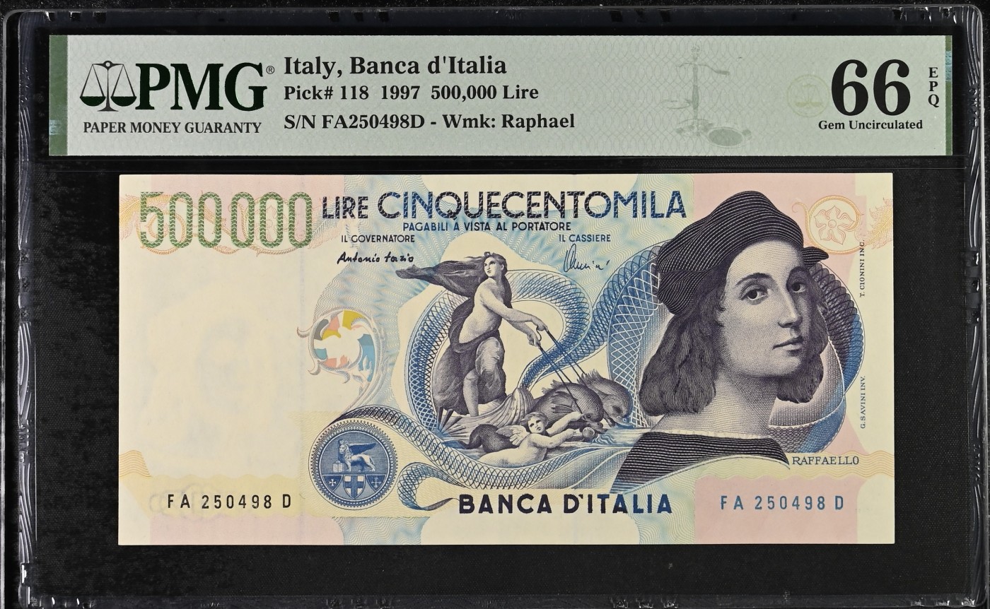 🌗乐淘淘纸币粉丝返利场 第28期 本店粉丝每拍订单返利五元！🌓 【FA250498D】意大利1997年纸币 500000里拉 拉斐尔 PMG66EPQ