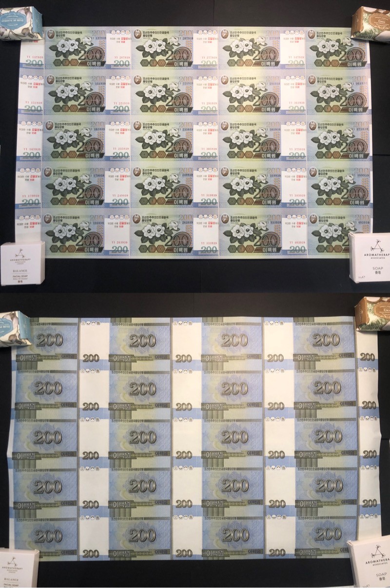 草稿银行第十三期国内外钞票拍卖 朝鲜2007年 金日成主席诞辰95周年整版连体纪念钞 含1、5、10、50、100、200、1000、5000圆八种面值 大全套 全新但有触碰痕迹 带原筒